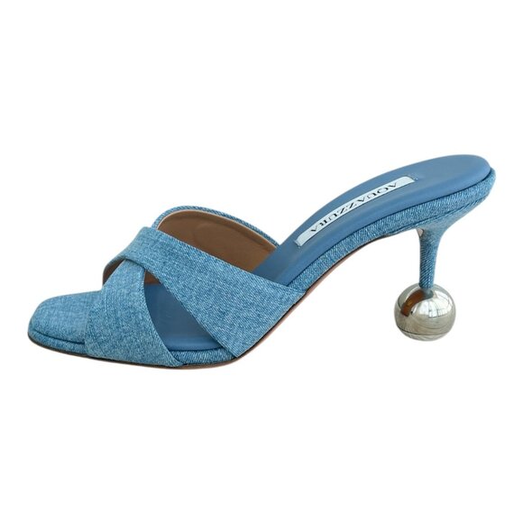 NWT Authentic Aquazzura Darling Mule 75 Open Toe Heels Sandals in Blue Denim - Picture 1 of 10